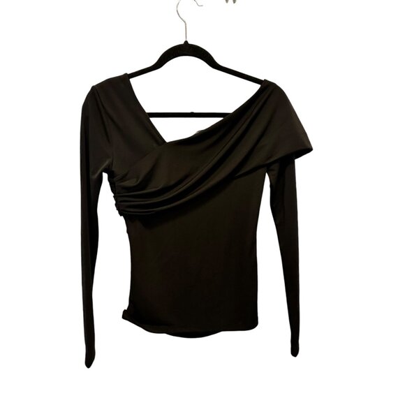 🍒 2/$20 🍒 Black Long Sleeve Blouse with Geometric Neckline, Ruched Side sz S - Picture 5 of 6